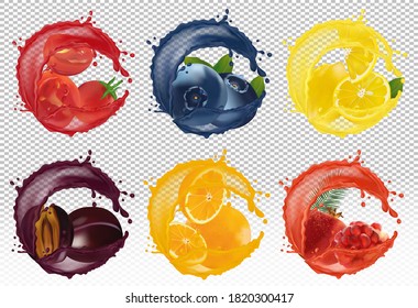 Splash Of Juice On Sweet Fruit. Berry Blueberry, Lemon, Orange, Plum, Pomegranate, Tomato 3D Realistic Fruit And Vegetables On Transparent Background. Vector Illustration.