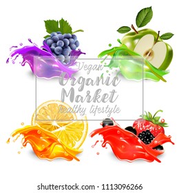 A splash of juice. Orange, grapes, green apple, strawberry and currant. Fresh fruit and splashes, 3d icon icon set.