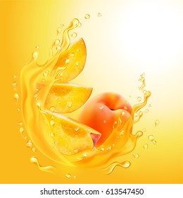 A splash of juice with peach and peaches slices. Juice frame. Vector illustration. A splash is a transparent object.