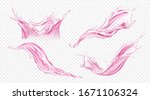 Splash of juice or pink water isolated on transparent background. Vector realistic set of liquid waves of falling and flowing translucent red drink, strawberry or berry juice, rose wine