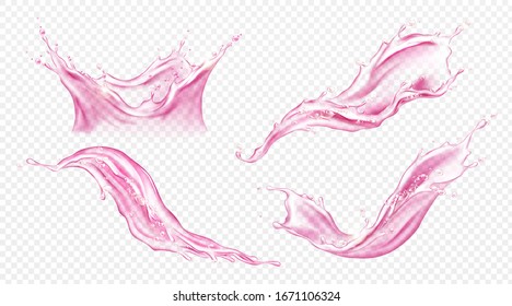 Splash of juice or pink water isolated on transparent background. Vector realistic set of liquid waves of falling and flowing translucent red drink, strawberry or berry juice, rose wine