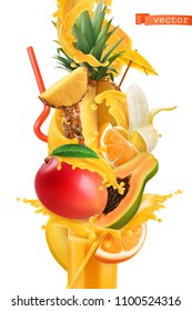 Splash of juice and sweet tropical fruits. Mango, banana, pineapple, papaya, orange. 3d realistic vector