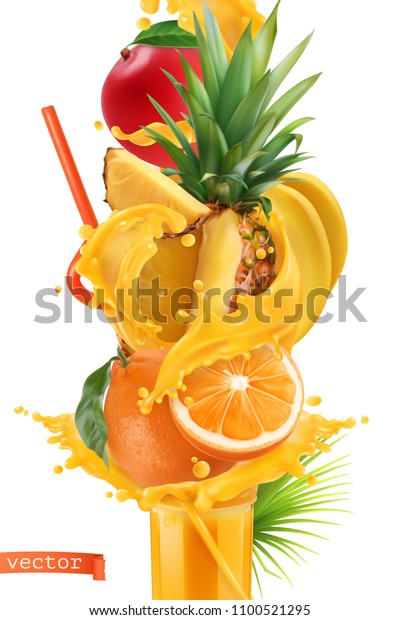 ジュースと甘い熱帯の果実のしぶき マンゴー バナナ パイナップル パパイヤ オレンジ 3dのリアルなベクトル のベクター画像素材 ロイヤリティフリー