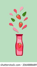 Splash of juice of water or drink from a bottle.Creative bright composition with Strawberry and mint.Vertical banners for branding menu, cover, flyer.