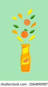 Splash of juice of water or drink from a bottle.Creative bright composition with orange or lemon.Vertical banners for branding menu, cover, flyer.