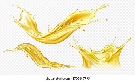 Splash of juice or yellow water isolated on transparent background. Vector realistic set of liquid waves of falling and flowing beer, orange, mango or lemon juice, oil, soda or honey - Shutterstock ID 1705897795