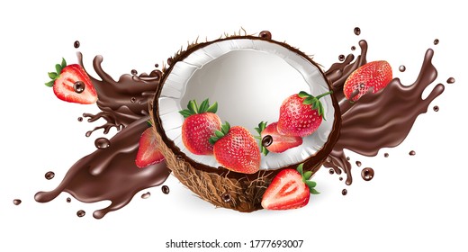 Splash of liquid chocolate and fresh coconut with strawberries.