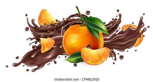 Splash of liquid chocolate and fresh mandarins.