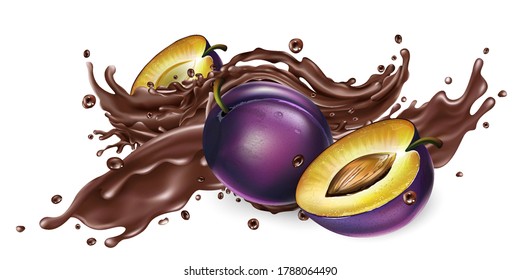 Splash of liquid chocolate and fresh plums.