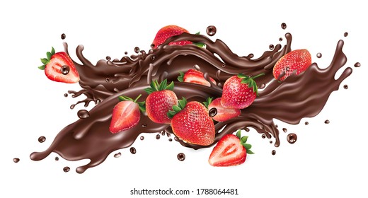 Splash of liquid chocolate and fresh strawberries.