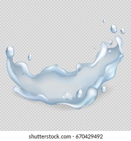 Splash of liquid with droplets on transparent background. Vector illustration of water popple cartoon style flat design.