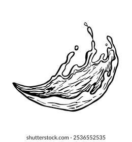 A splash of liquid water or a drink. Vector black and white hand-drawn graphics on a white background. Design element for labels, menus, packages and posters.