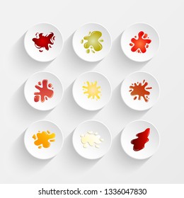 splash of mango, orange, raspberry, pear and cranberry juice icons on plate illustration set