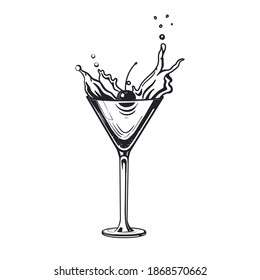 Splash manhattan glass cocktail  engraving alcohol drink with cherry. Hand drawn black and white isolated vector illustration vintage style. 