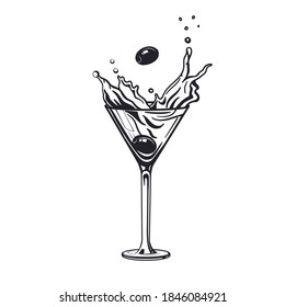 Splash Martini Glass Cocktail  Engraving Alcohol Drink With Olive. Hand Drawn Black And White Isolated Vector Illustration Vintage Style. 