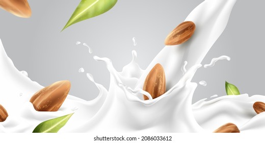 Splash milk almond. Milkshake with nuts and seeds, realistic almonds, protein drink, healthy breakfast, vegan beverage, calcium nutrition, 3d vector commercial. Illustration of nut and milk beverage
