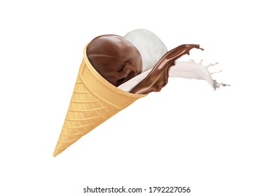 Splash of milk and chocolate in ice cream. Vector graphics