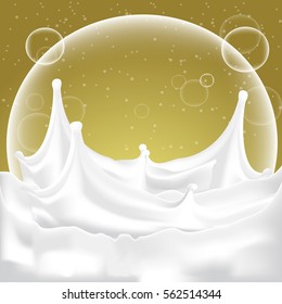 A splash of milk or cream and bubble with glitter and gold background