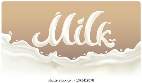 Splash of milk in the form of inscriptions milk on brown background, as design elements for packaging of dairy products