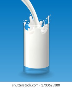 Splash milk glass. Breakfast lactic nutrition vector illustration, fresh dairy cup children design with splashes, milky pouring vector illustration