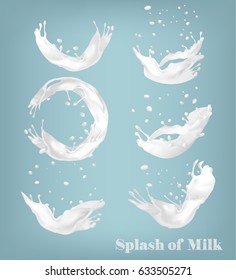 Splash of milk on transparent background. Vector set