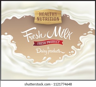 Splash of milk, with a set of inscription as set design elements for label or packaging of dairy products