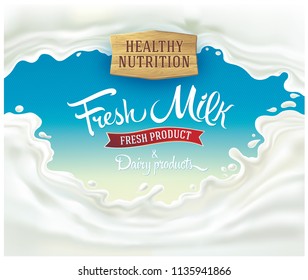 Splash of milk, with a set of inscription as set design elements for label or packaging of dairy products