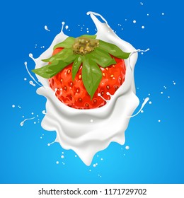 Splash milk and strawberry, vector illustration and design.