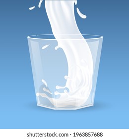 Splash of milk in transparent glass vector cartoon illustration isolated on blue background. White liquid pouring into bar or restaurant glassware. Refreshment cocktail, summer beverage concept.