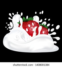 Splash milk or yogurt and fresh strawberry. Fruit 3d realistic vector illustration on black background.