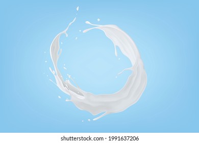 Splash of milk or yogurt on a blue background. Realistic vector image of liquid flying in the form of a ring.