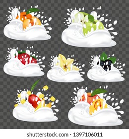 Splash milk or yogurt. Set with fresh fruit, berries and vanilla. 3d realistic vector illustration on transparent background.