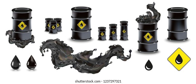 Splash oil black barrel petroleum spilled wave vector illustration. For infographics, fuel, industry, power, industry, ecology.