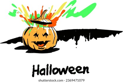 Сolor splash on pumpkin. Cute creepy character. Halloween, spooky, horror, holiday concept. Hand drawn modern Vector illustration. Isolated design element. Poster, print template.