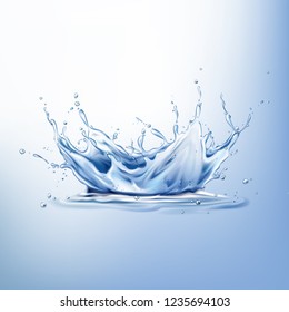 Splash on water surface 3d realistic vector. Blue liquid crown, frozen motion with droplets and waves. Pure drink freshwater source, ecology concept. Natural product presentation design element