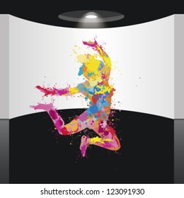 Splash paint girl silhouette jumping. vector design