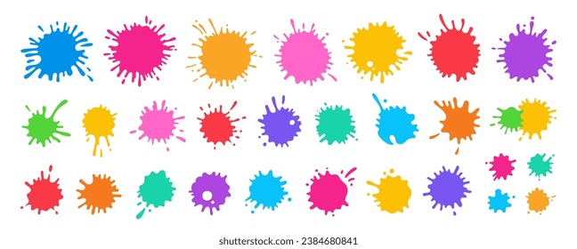 Splash paint splatter colorful cartoon set. Stain and splat flat collection, shapes liquids drop icon splatter. Different splashes and drops colored shape ink collection. Isolated vector illustration
