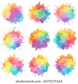 Splash of paints. Blobs. Paint splatter colourful set. Splashing spots effect shape. Multicolored splash paintbrush liquid. Painting - activity. Vector splash of paints isolated on white background.