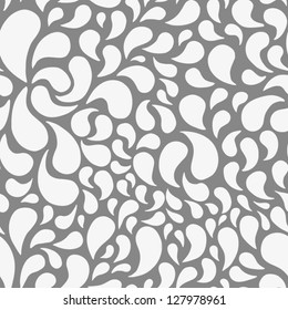Splash Pattern. Elegant Retro Seamless Pattern With Drop. Stylized Bloom Petals And Leaves. Grey And White Abstract Background. Vector Illustration
