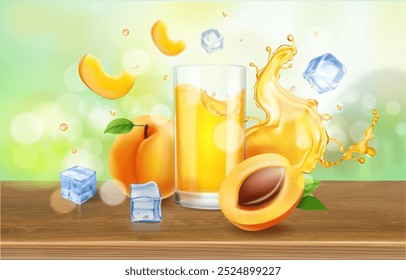 A splash of peach juice, fruit and drinking glass on a table. Apricot Juice, nectarine beverage advertising Vector illustration