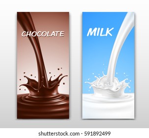 Splash of pouring chocolate and milk. Vertical banners