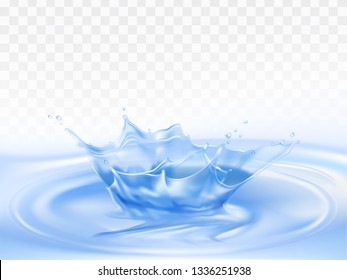 Splash of pure blue water 3d realistic vector isolated on transparent background. Liquid crown, frozen motion with droplets and waves illustration. Drink freshwater source, natural purity concept