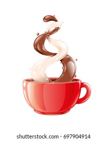 Splash from a red cup, two streams up, a Stream of Milk and black coffee or liquid Chocolate, Cocoa. Mixing splashes of drink and pouring into a cup. Three-dimensional illustration. Isolated vector