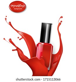 A splash of red nail Polish with splashes on white background . Template Vector for advertising Your product. 3D realistic detailed mockup. Beauty and cosmetics background. 