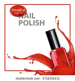 A splash of red nail Polish with splashes on white background . Template Vector for advertising Your product. 3D realistic detailed mockup. Beauty and cosmetics background. 