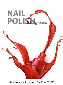 A splash of red nail Polish with splashes on white background . Template Vector for advertising Your product. 3D realistic detailed mockup. Beauty and cosmetics background. 