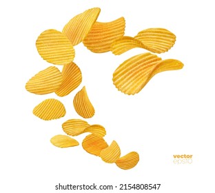 Splash of ripple potato chips, flying snacks for food package. Realistic isolated wavy and ripple ribbed vector potato chips in splash wave for appetizer pack advertising