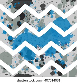 Splash seamless colorful pattern with zigzag blue, grey, black chevron