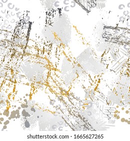 Splash Seamless Pattern. Fashion Concept. Distress Print. Black, Gold Illustration. Graffiti Surface Textile. Ink Stains. Spray Paint. Splash Blots. Artistic Creative Vector Background.