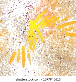 Splash Seamless Pattern. Fashion Concept. Distress Print. Yellow, Orange Illustration. Graffiti Surface Textile. Ink Stains. Spray Paint. Splash Blots. Artistic Creative Vector Background.